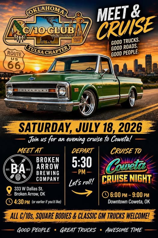 Oklahoma C/10 Club Tulsa Chapter Meet & Cruise event at BA Arrow Brewing Company in Broken Arrow, OK on July 18, 2026