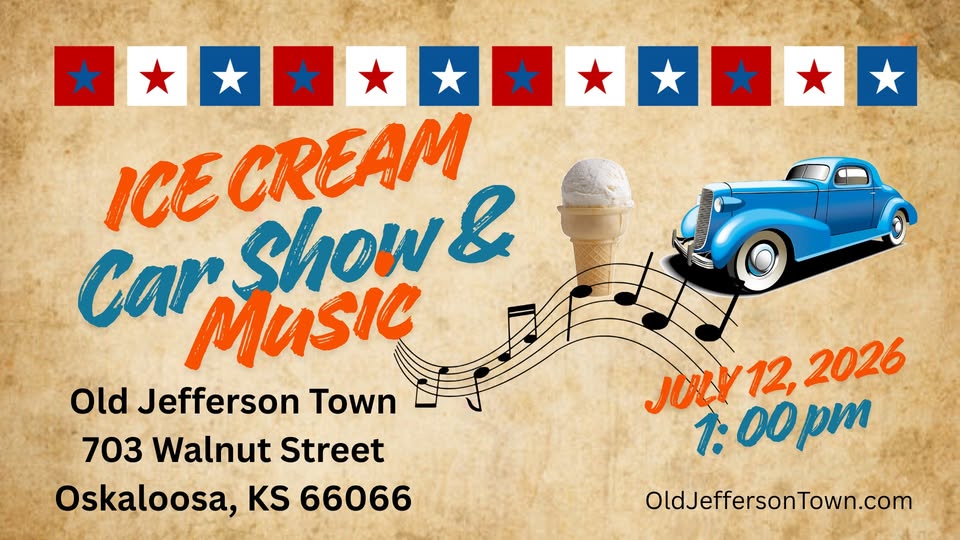Old Jefferson Town Ice Cream Car Show & Music event at Old Jefferson Town in Oskaloosa, KS on July 12, 2026