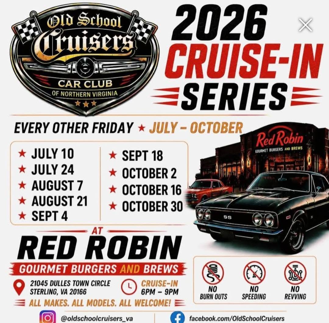 Old School Cruisers Cruise-In Series event at Red Robin Gourmet Burgers and Brews in Sterling, VA on July 24, 2026