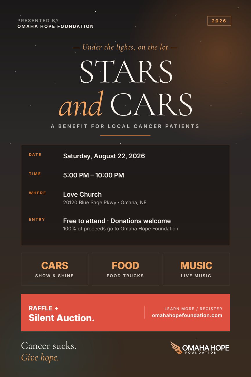 Omaha Hope Foundation Stars and Cars event at Love Church in Omaha, NE on August 22, 2026