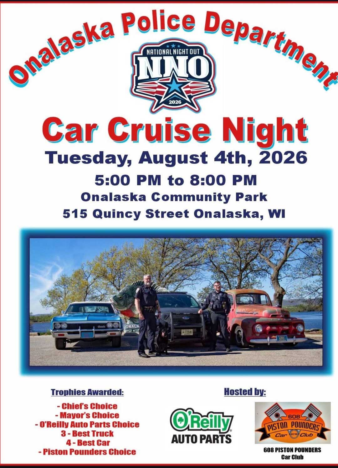 Onalaska Police Department National Night Out Car Cruise Night event at Onalaska Community Park in Onalaska, WI on August 4, 2026