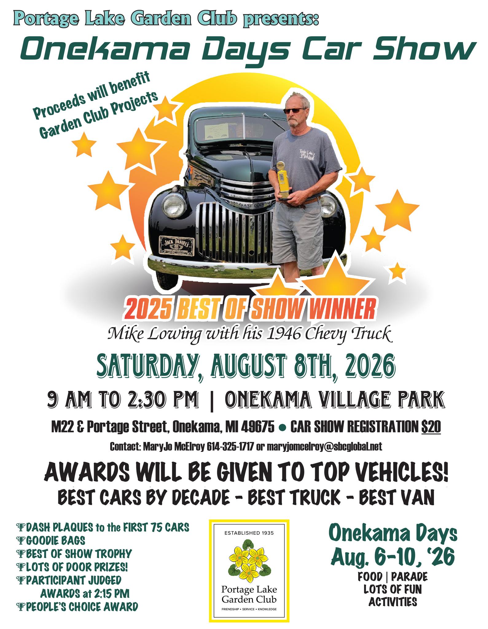 Onekama Days Car Show event at Onekama Village Park in Onekama, MI on August 8, 2026