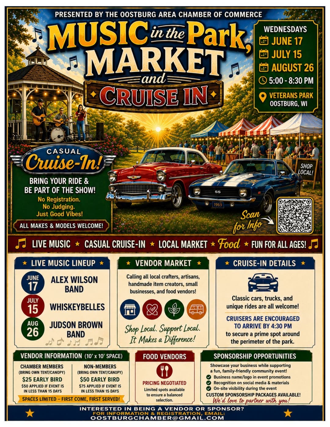 Oostburg Area Chamber of Commerce Music in the Park, Market and Cruise in event at Veterans Park in Oostburg, WI on July 15, 2026