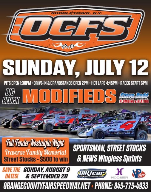 Orange County Fair Speedway Big Block Modifieds Full Fender Nostalgia Night event at Orange County Fair Speedway in Middletown, NY on July 12, 2026