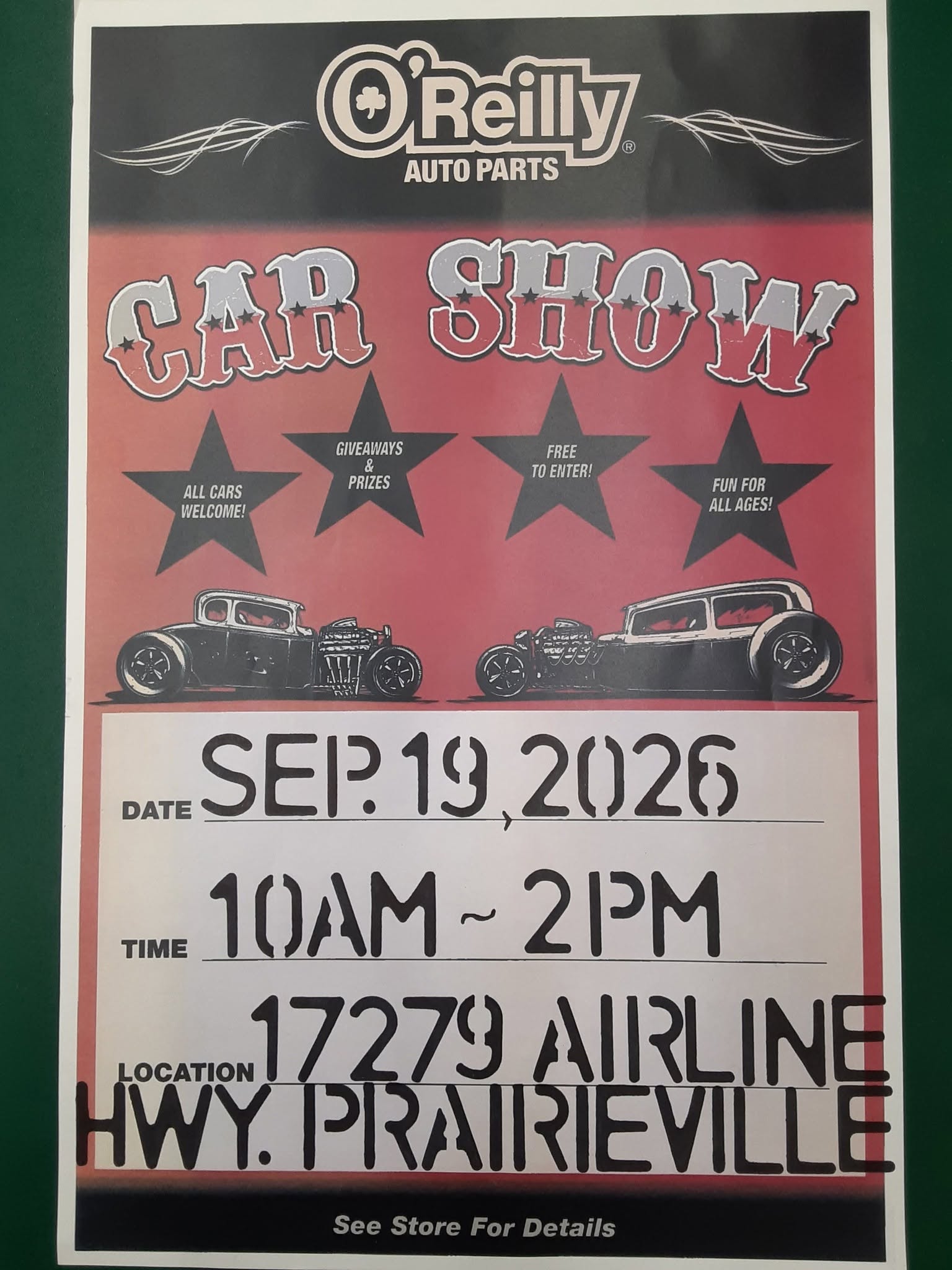 O'Reilly Auto Parts Car Show event at O'Reilly Auto Parts in Prairieville, LA on September 19, 2026