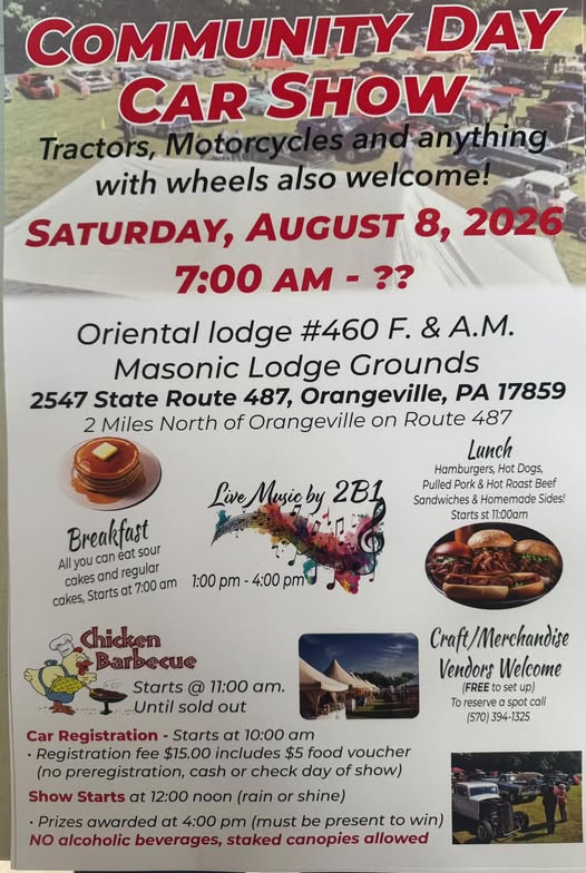 Oriental Lodge #460 F. & A.M. Community Day Car Show event at Oriental Lodge #460 F. & A.M. Masonic Lodge Grounds in Orangeville, PA on August 8, 2026