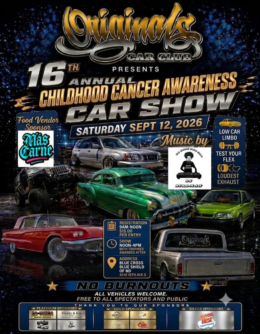 Origins Car Club 16th Annual Childhood Cancer Awareness Car Show event at Blue Cross Blue Shield of ND in Fargo, ND on September 12, 2026