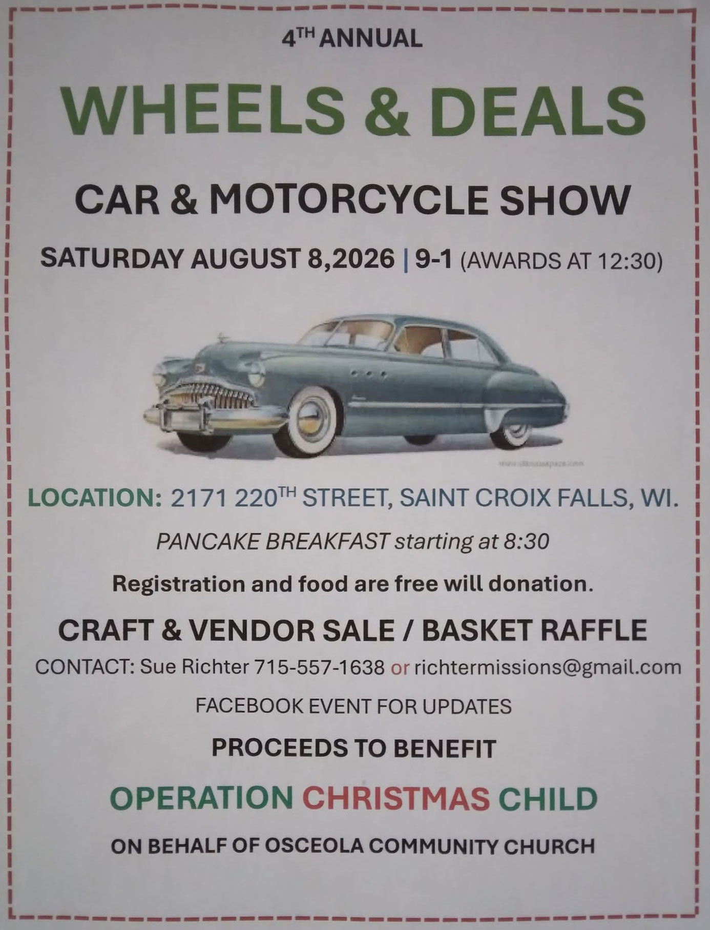 Osceola Community Church Wheels & Deals 4th Annual Car & Motorcycle Show event at 2171 220th Street in Saint Croix Falls, WI on August 8, 2026