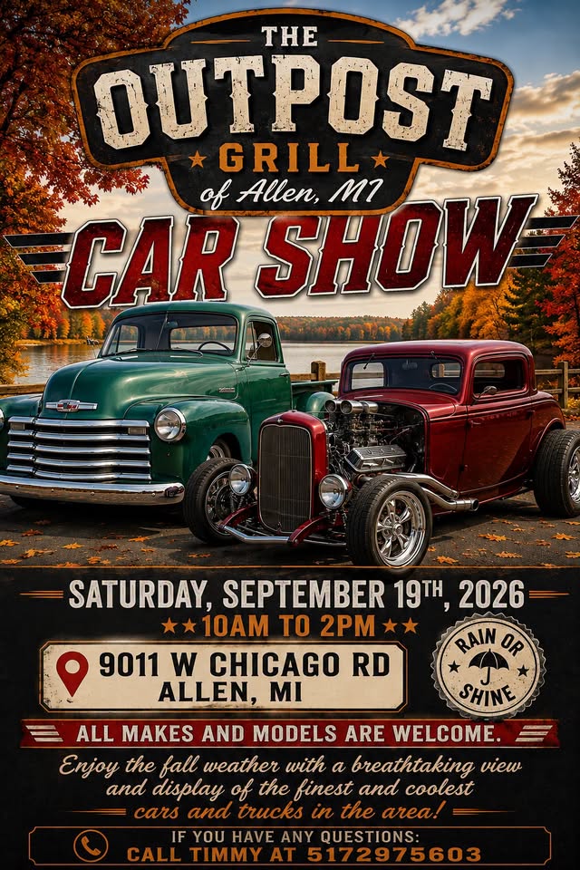 Outpost Grill Car Show event at The Outpost Grill in Allen, MI on September 19, 2026