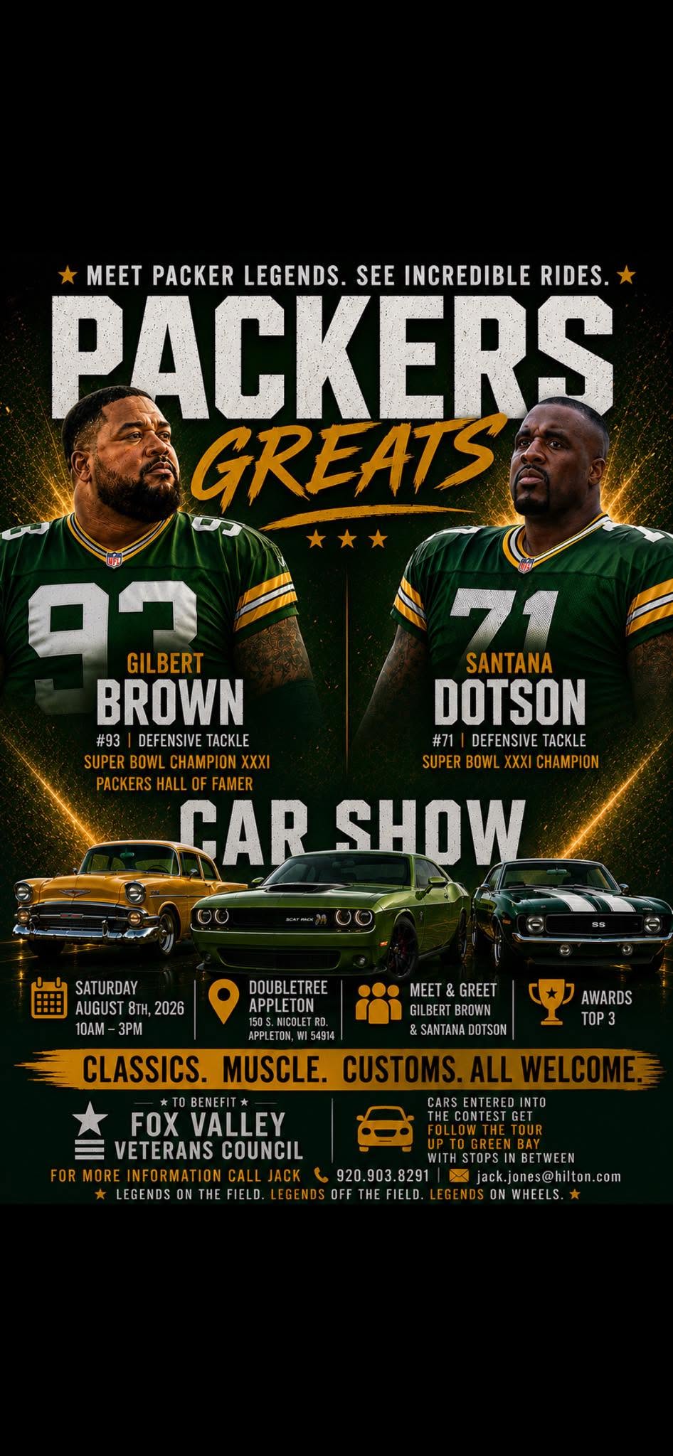 Packers Greats Car Show event at DoubleTree Appleton in Appleton, WI on August 8, 2026