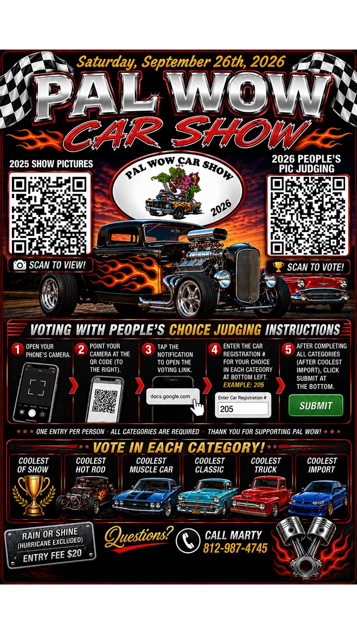 PAL WOW Car Show event at Buffalo Trace Park in Palmyra, IN on September 26, 2026
