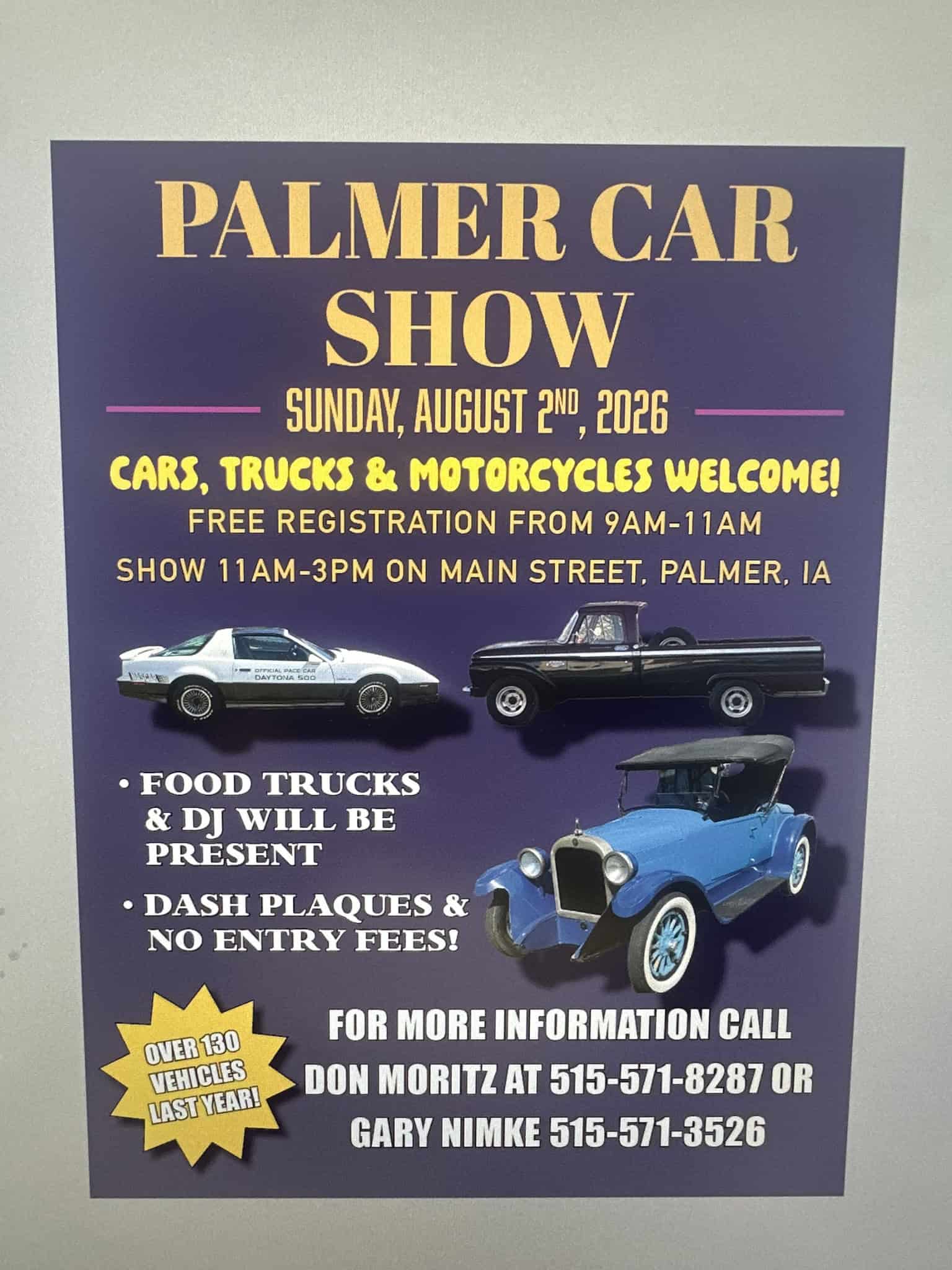 Palmer Car Show event at Main Street in Palmer, IA on August 2, 2026