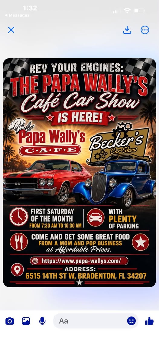 Papa Wally's Caf� Car Show event at Papa Wally's Caf� in Bradenton, FL on August 1, 2026