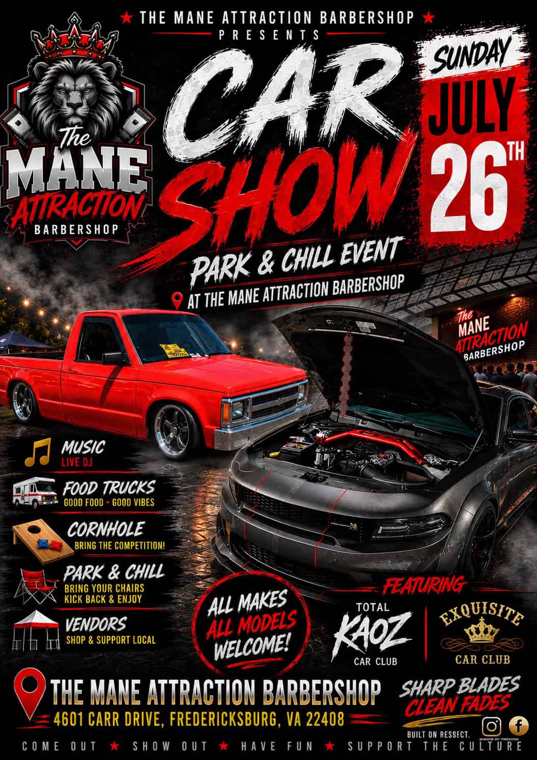 Park & Chill Car Show at the Mane Attraction Barbershop event at The Mane Attraction Barbershop in Fredericksburg, VA on July 26, 2026