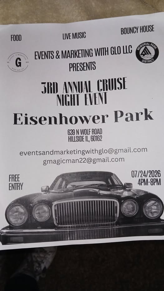 Park District Memorial 3rd Annual Cruise Night Event event at Eisenhower Park in Hillside, IL on July 24, 2026