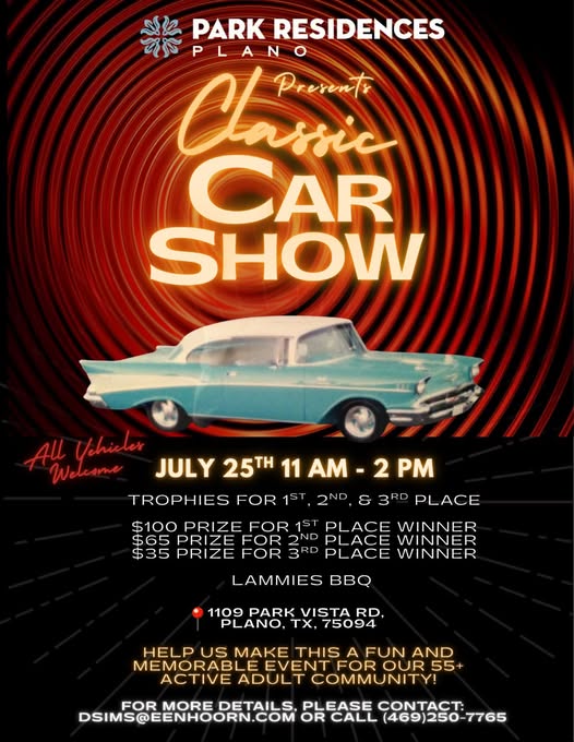 Park Residences Plano Classic Car Show event at Lammies BBQ in Plano, TX on July 25, 2026