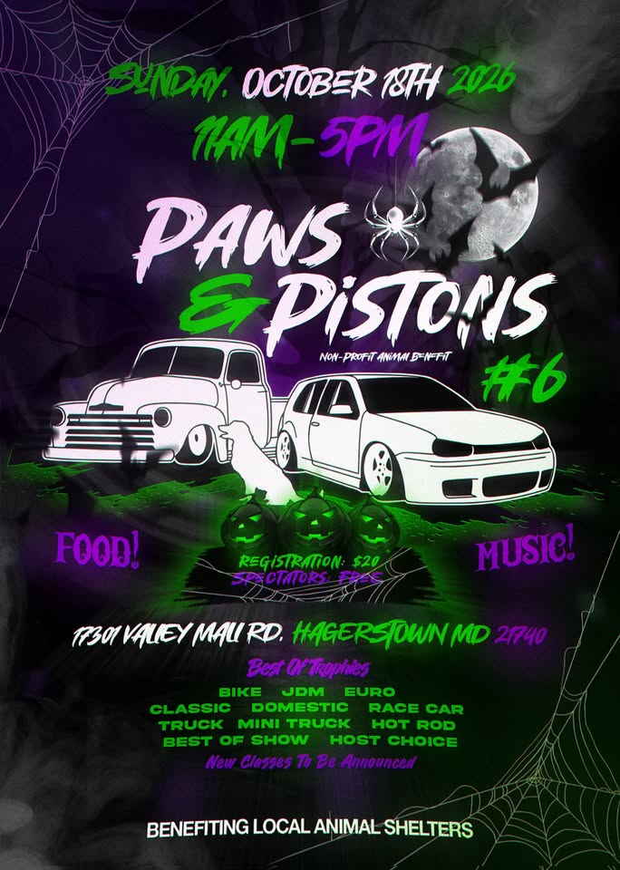 Paws & Pistons 6 Car Show event at Valley Mall in Hagerstown, MD on October 18, 2026