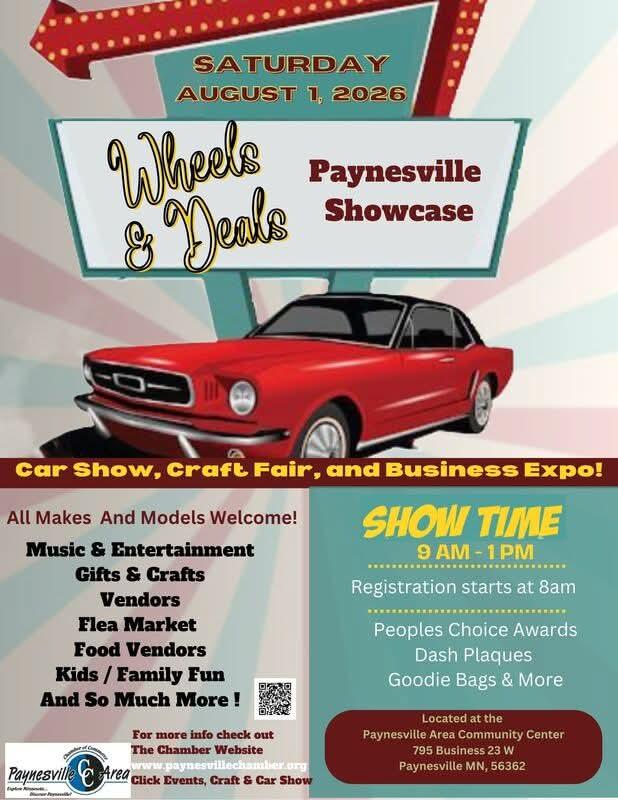 Paynesville Chamber Wheels Showcase Car Show event at Paynesville Area Community Center in Paynesville, MN on August 1, 2026