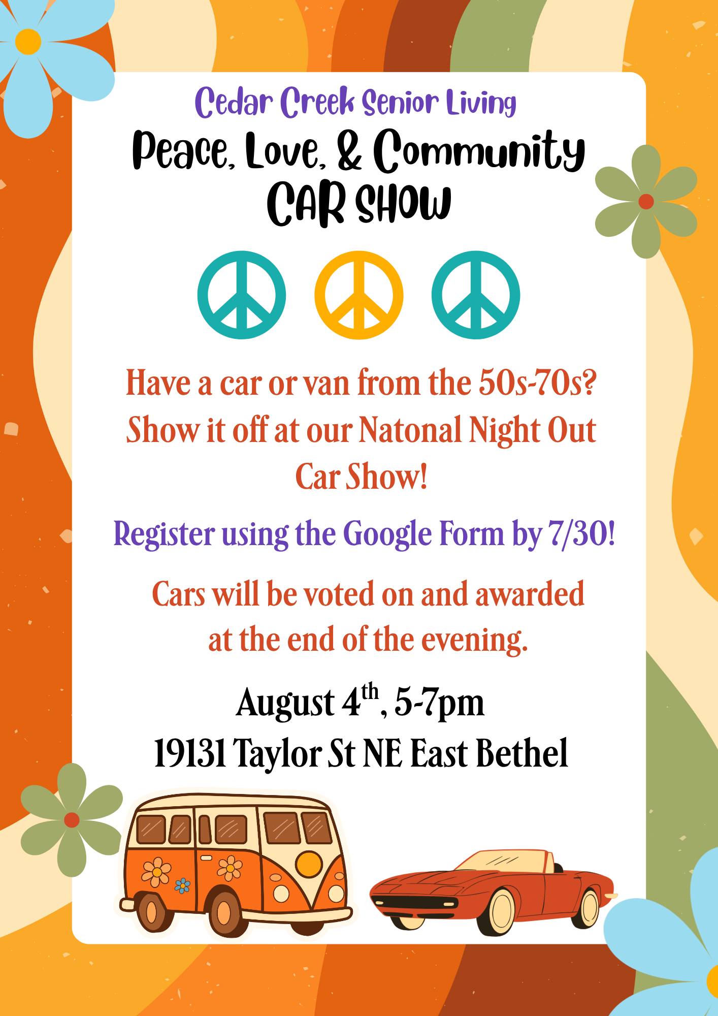 Peace, Love, & Community Car Show event at Cedar Creek Senior Living in East Bethel, MN on August 4, 2026
