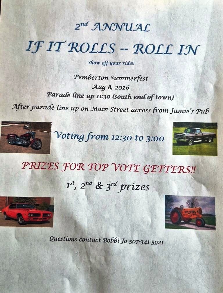 Pemberton Summerfest If it Rolls Roll in Car Show event at Main Street in Pemberton, MN on August 8, 2026