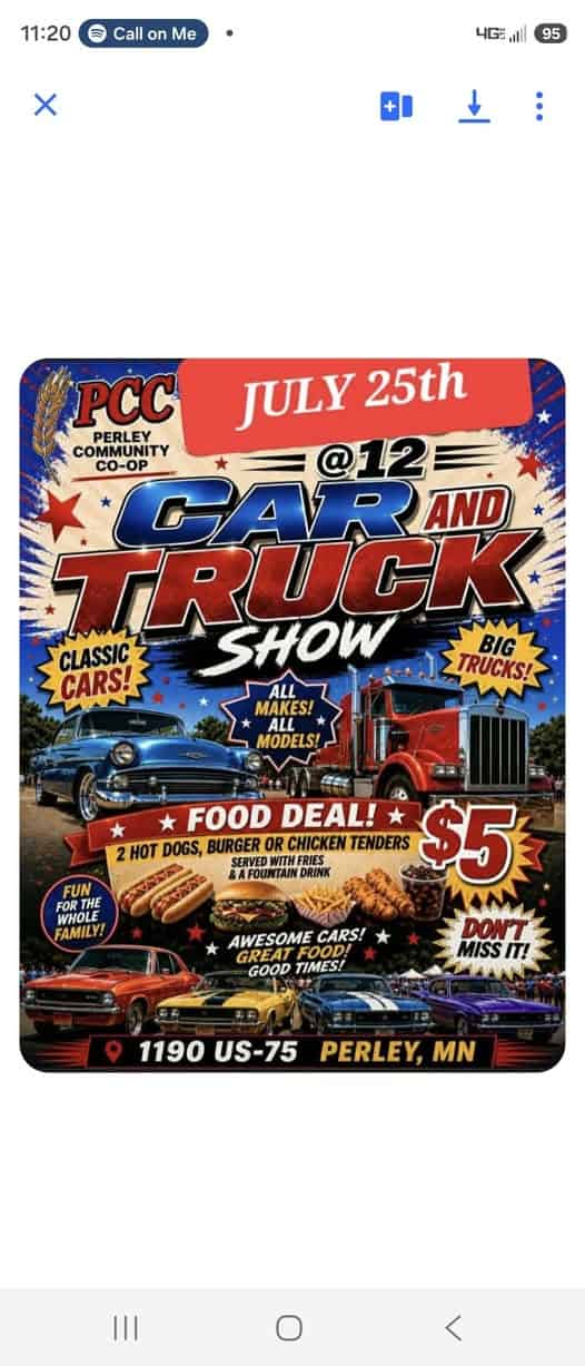 Perley Community Co-op Car and Truck Show event at Perley Community Co-op in Perley, MN on July 25, 2026