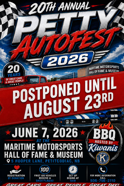 Petty Autofest event at Maritime Motorsports Hall of Fame & Museum in Petitcodiac, NB on August 23, 2026