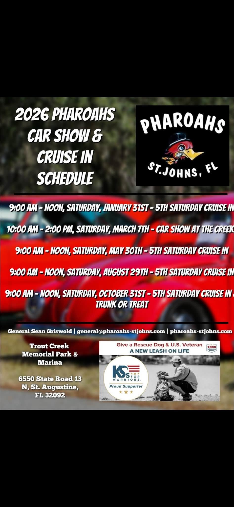 Pharoahs Car Show & Cruise in event at Trout Creek Memorial Park & Marina in St. Augustine, FL on August 29, 2026