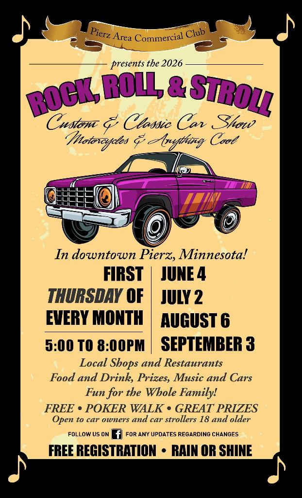 Pierz Area Commercial Club Rock, Roll, & Stroll Custom & Classic Car Show event at Downtown Pierz in Pierz, MN on August 6, 2026