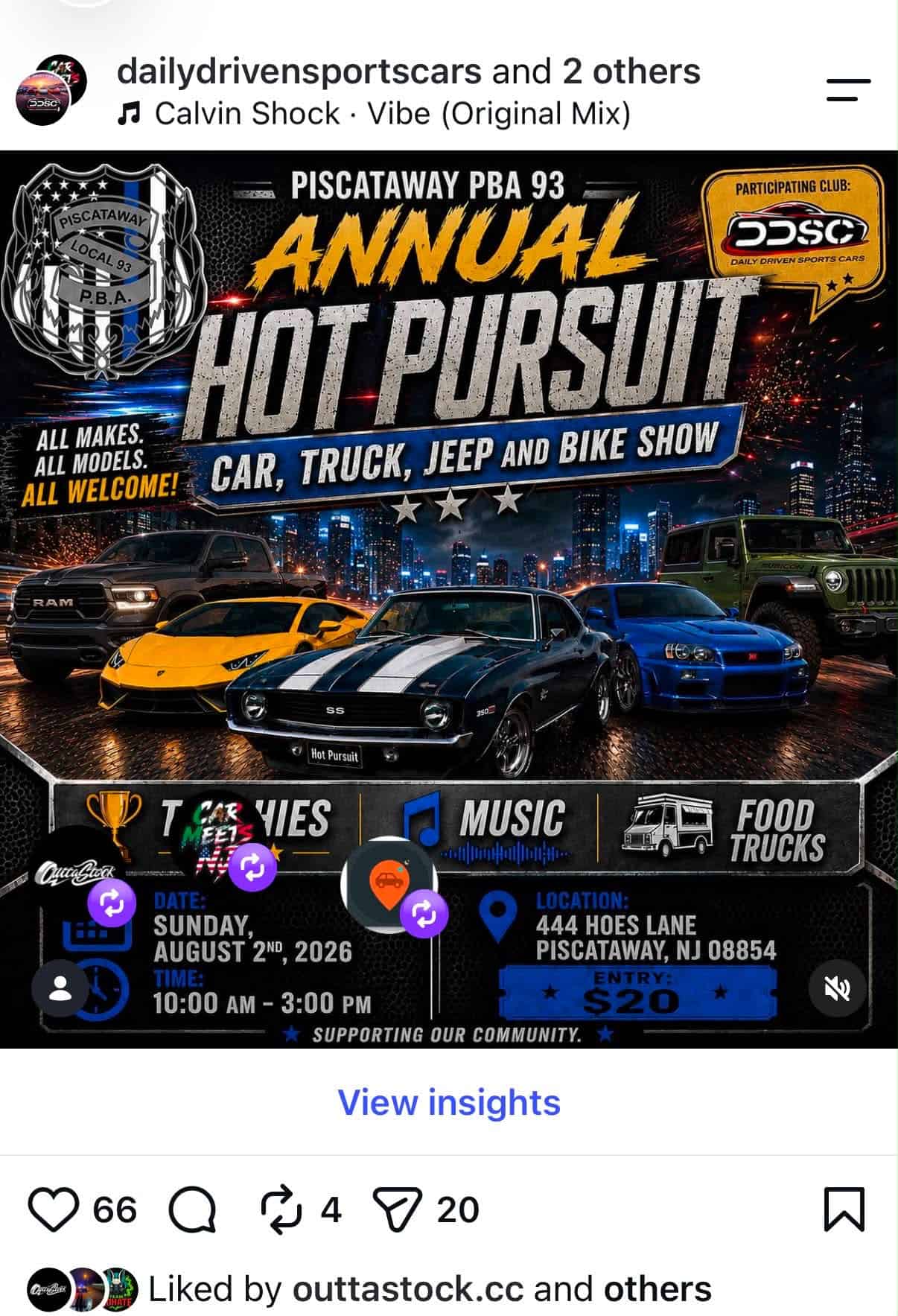 Piscataway PBA 93 Annual Hot Pursuit Car, Truck, Jeep and Bike Show event at 444 Hoes Lane in Piscataway, NJ on August 2, 2026