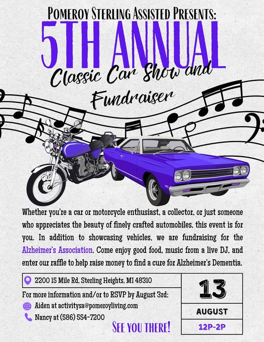 Pomeroy Sterling Assisted 5th Annual Classic Car Show and Fundraiser event at Pomeroy Sterling Assisted in Sterling Heights, MI on August 13, 2026