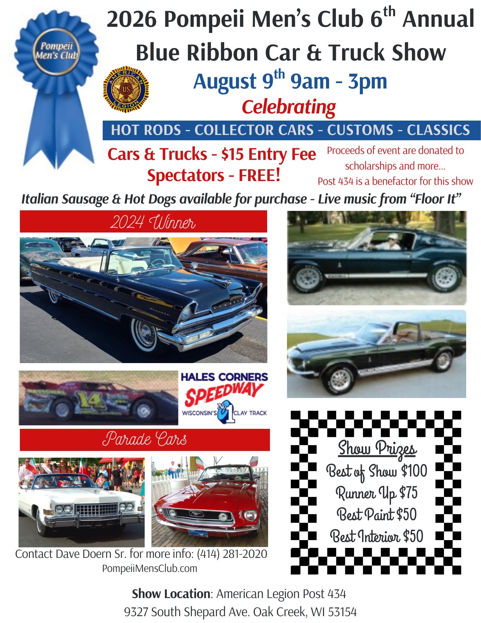 Pompeii Men's Club 6th Annual Blue Ribbon Car & Truck Show event at American Legion Post 434 in Oak Creek, WI on August 9, 2026