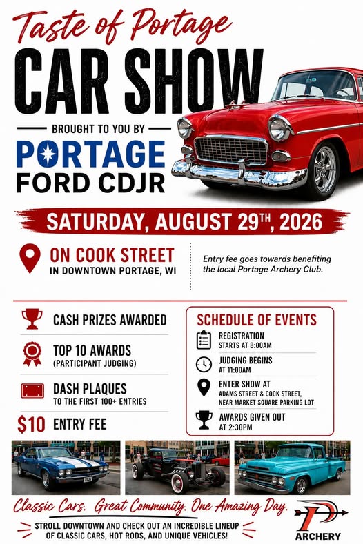 Portage Ford CDJR Taste of Portage Car Show event at Downtown Portage in Portage, WI on August 29, 2026