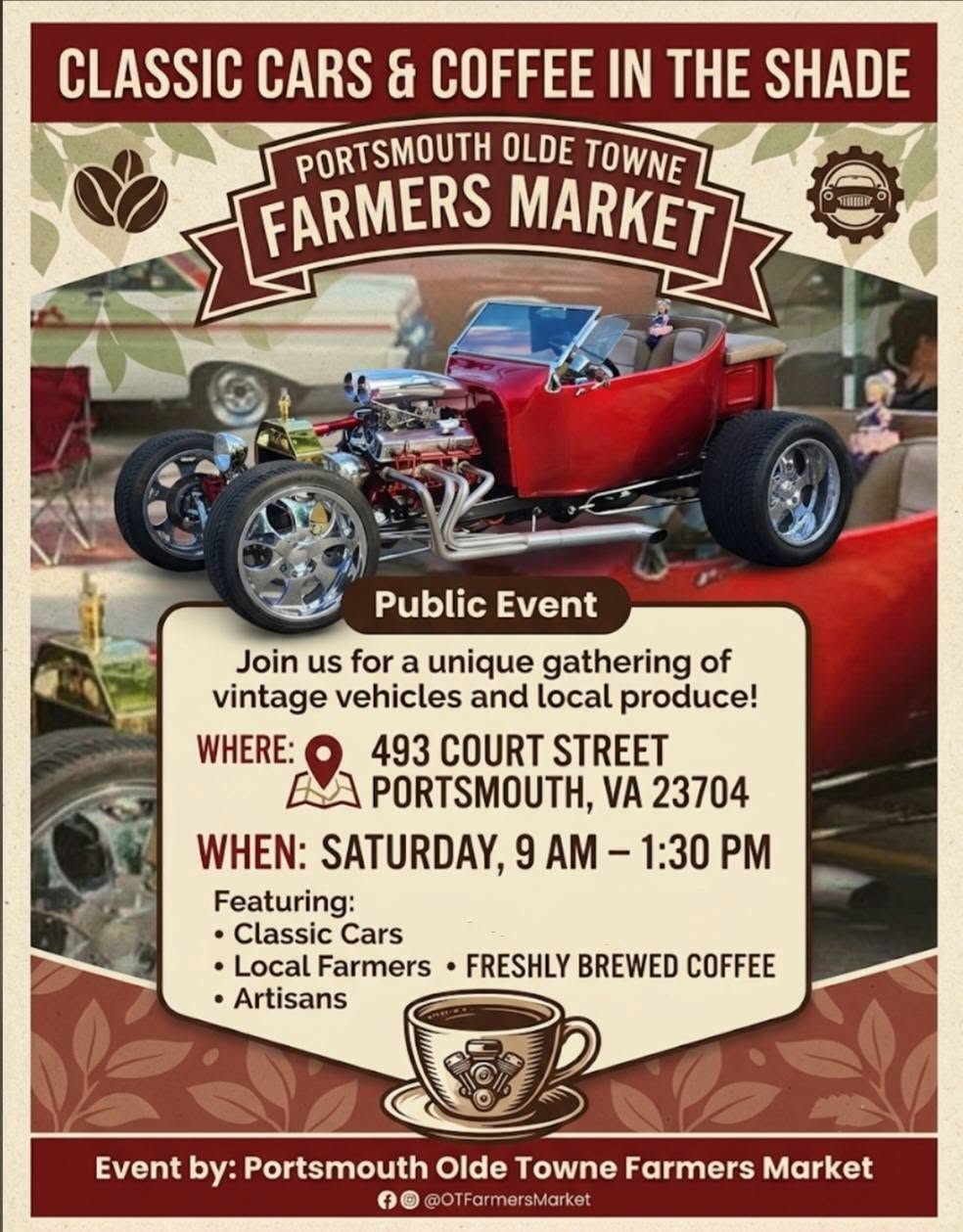 Portsmouth Olde Towne Farmers Market Classic Cars & Coffee in the Shade event at Portsmouth Olde Towne Farmers Market in Portsmouth, VA on July 11, 2026
