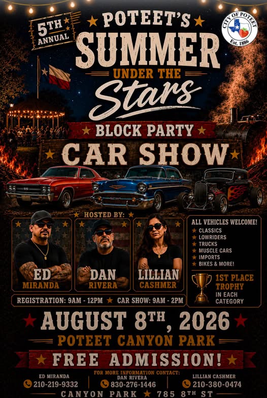 Poteet's Summer Under the Stars Block Party Car Show event at Poteet Canyon Park in Poteet, TX on August 8, 2026