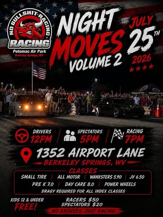 Potomac Air Park Night Moves Volume 2 Bull Racing event at Potomac Air Park in Berkeley Springs, WV on July 25, 2026
