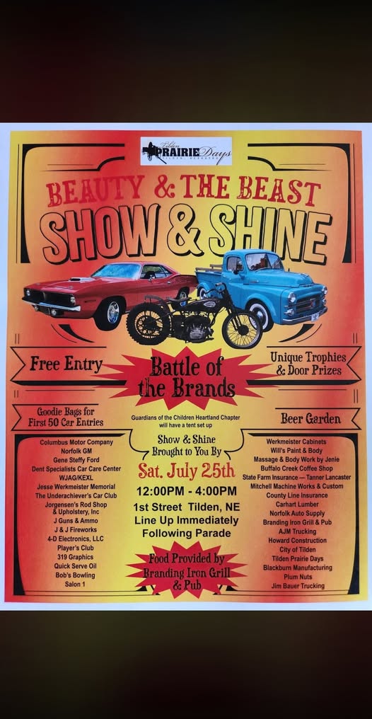 Prairie Days Beauty & the Beast Show & Shine event at 1st Street in Tilden, NE on July 25, 2026
