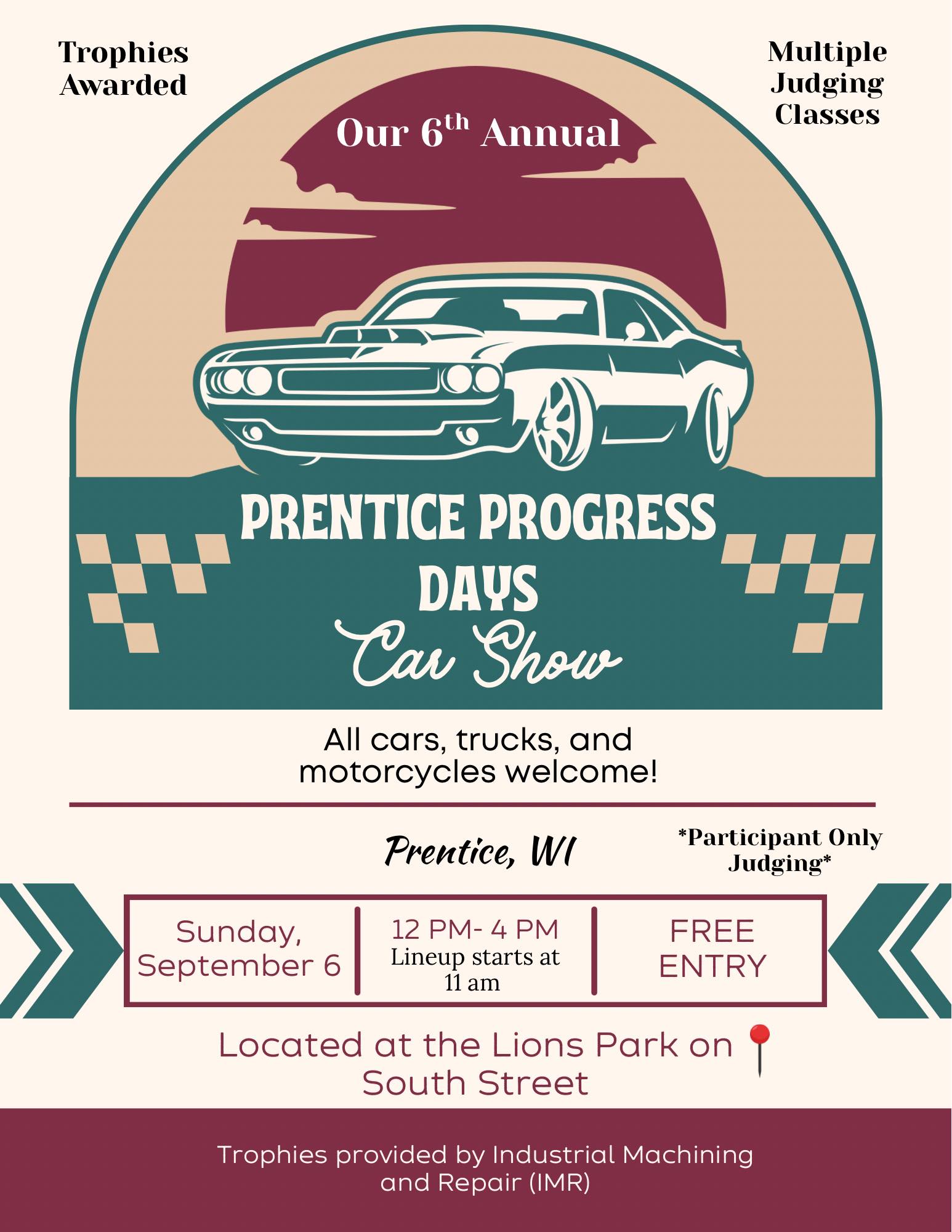 Prentice Progress Days Car Show event at Lions Park in Prentice, WI on September 6, 2026