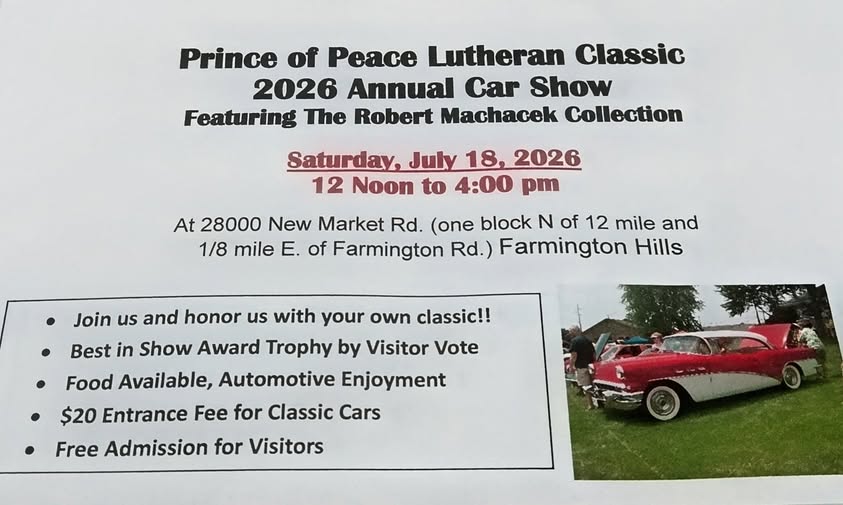 Prince of Peace Lutheran Classic 2026 Annual Car Show event at Prince of Peace Lutheran Church in Farmington Hills, MI on July 18, 2026