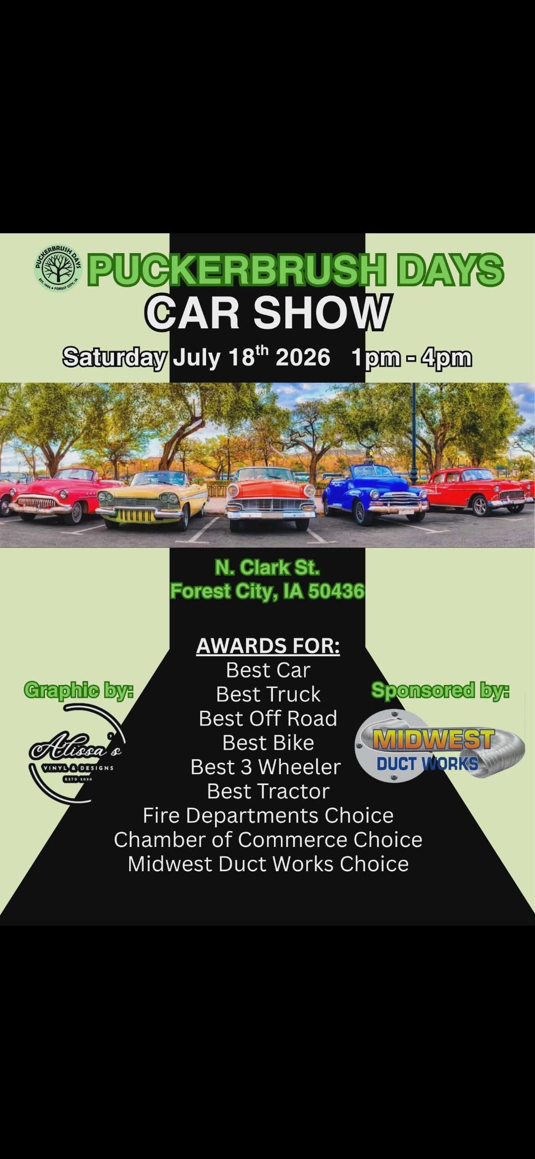 Puckerbrush Days Car Show event at N. Clark St. in Forest City, IA on July 18, 2026