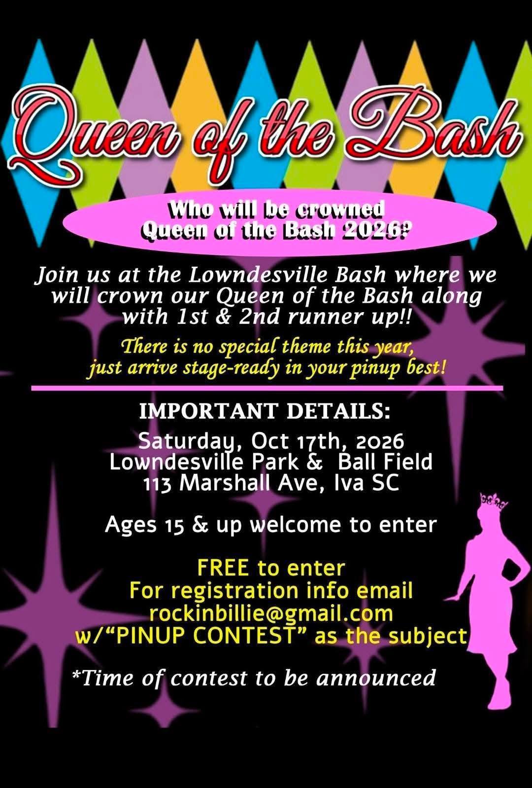 Queen of the Bash event at Lowndesville Park & Ball Field in Iva, SC on October 17, 2026