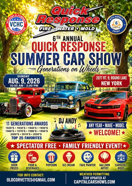 Quick Response 6th Annual Summer Car Show Generations on Wheels event at 2077 Route 9 in Round Lake, NY on August 9, 2026