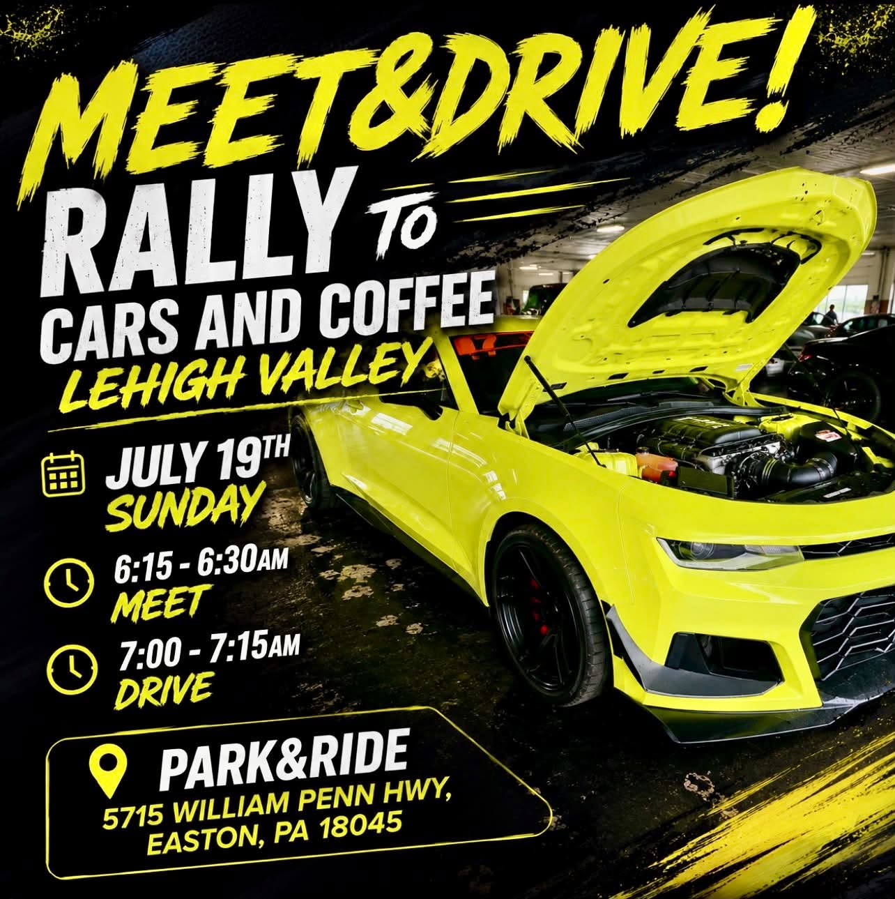 Rally to Cars and Coffee Lehigh Valley event at Park & Ride in Easton, PA on July 19, 2026