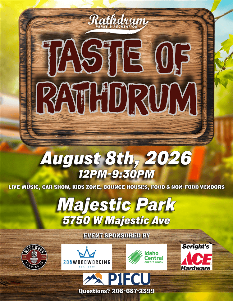 Rathdrum Parks & Recreation Taste of Rathdrum Car Show event at Majestic Park in Rathdrum, ID on August 8, 2026