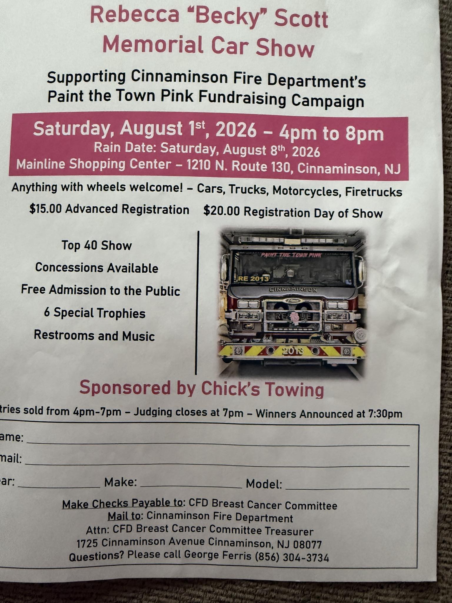 Rebecca 'Becky' Scott Memorial Car Show event at Mainline Shopping Center in Cinnaminson, NJ on August 1, 2026