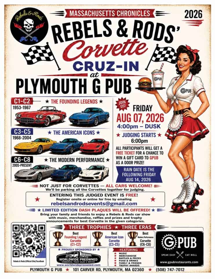 Rebels & Rods' Corvette Cruz-In at Plymouth G Pub event at Plymouth G Pub in Plymouth, MA on August 7, 2026