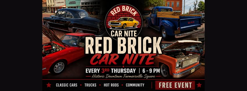 Red Brick Car Nite event at Historic Downtown Farmersville Square in Farmersville, TX on August 21, 2026