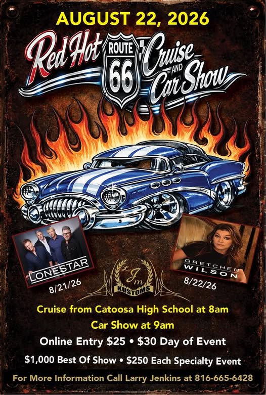 Red Hot Route 66 Cruise Car Show event at Catoosa High School in Catoosa, OK on August 22, 2026