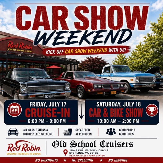 Red Robin Car Show Weekend event at Red Robin Gourmet Burgers in Sterling, VA on July 17, 2026