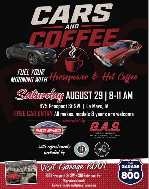 Red Shed Cars and Coffee event at Red Shed Enterprises in Le Mars, IA on August 29, 2026