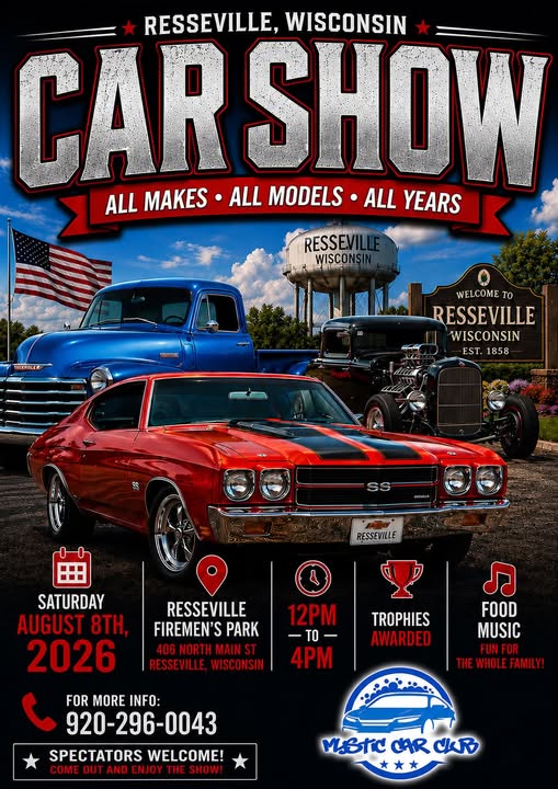 Reeseville Wisconsin Car Show event at Firemen's Park in Reeseville, WI on August 8, 2026